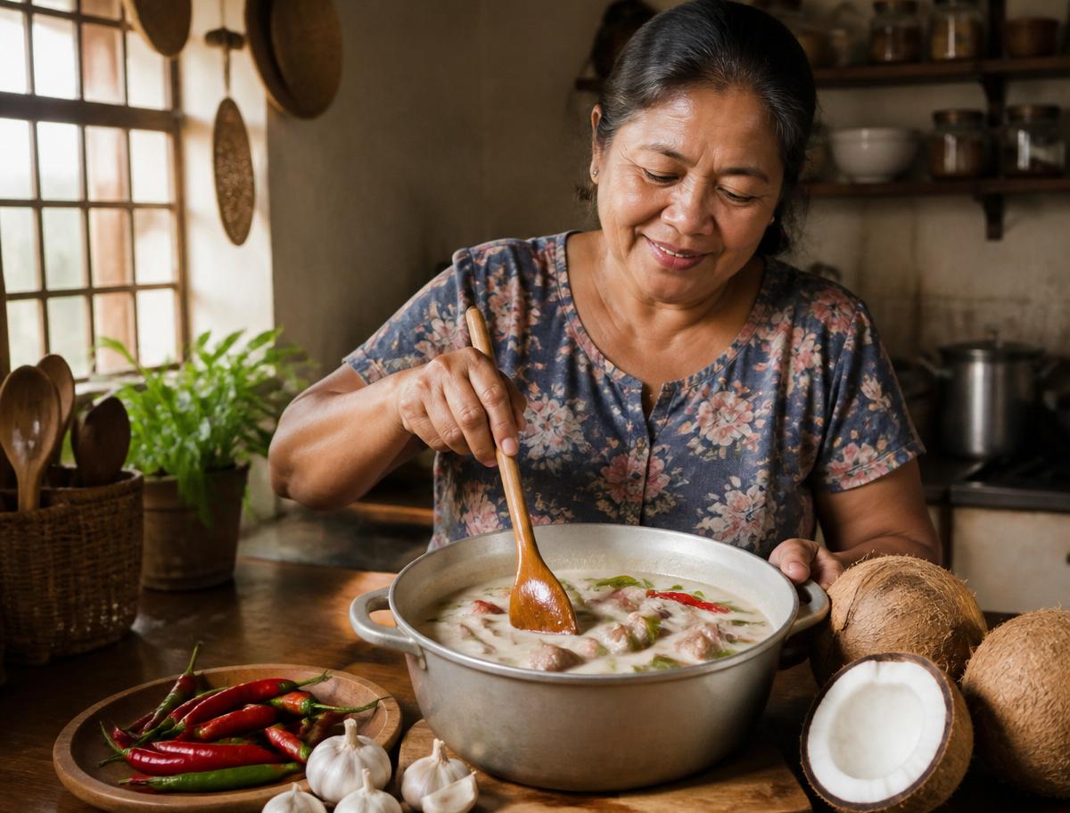 Home cook stirring a pot of coconut milk stew